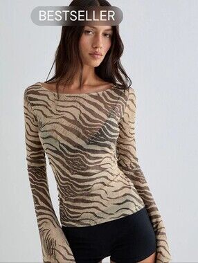 Size Small,Sheer,Zebra Print Long Sleeve Mesh Top - Beige & Brown